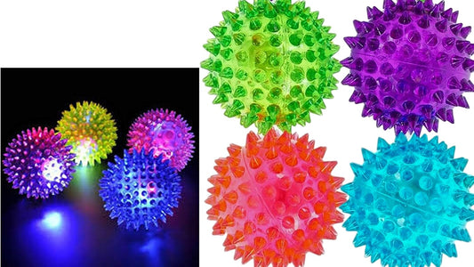 Light up Rubber Spike Balls (Pack of 4 with Flashing Lights) | Great Fidget Toy for Kids | Bulk Bouncing Sensory Balls | plus 1 Bouncy Ball. #695-4P