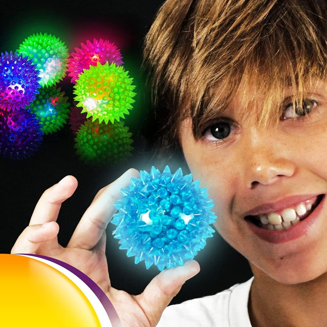 Light up Rubber Spike Balls (Pack of 4 with Flashing Lights) | Great Fidget Toy for Kids | Bulk Bouncing Sensory Balls | plus 1 Bouncy Ball. #695-4P