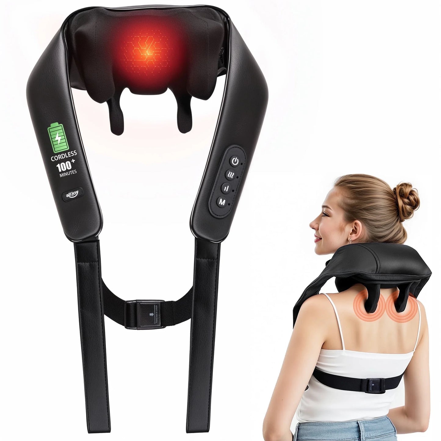 Shiatsu Neck and Shoulder Massager with Heat, Cordless 6D Deep Tissue Kneading Massager for Neck, Back, and Legs - Black