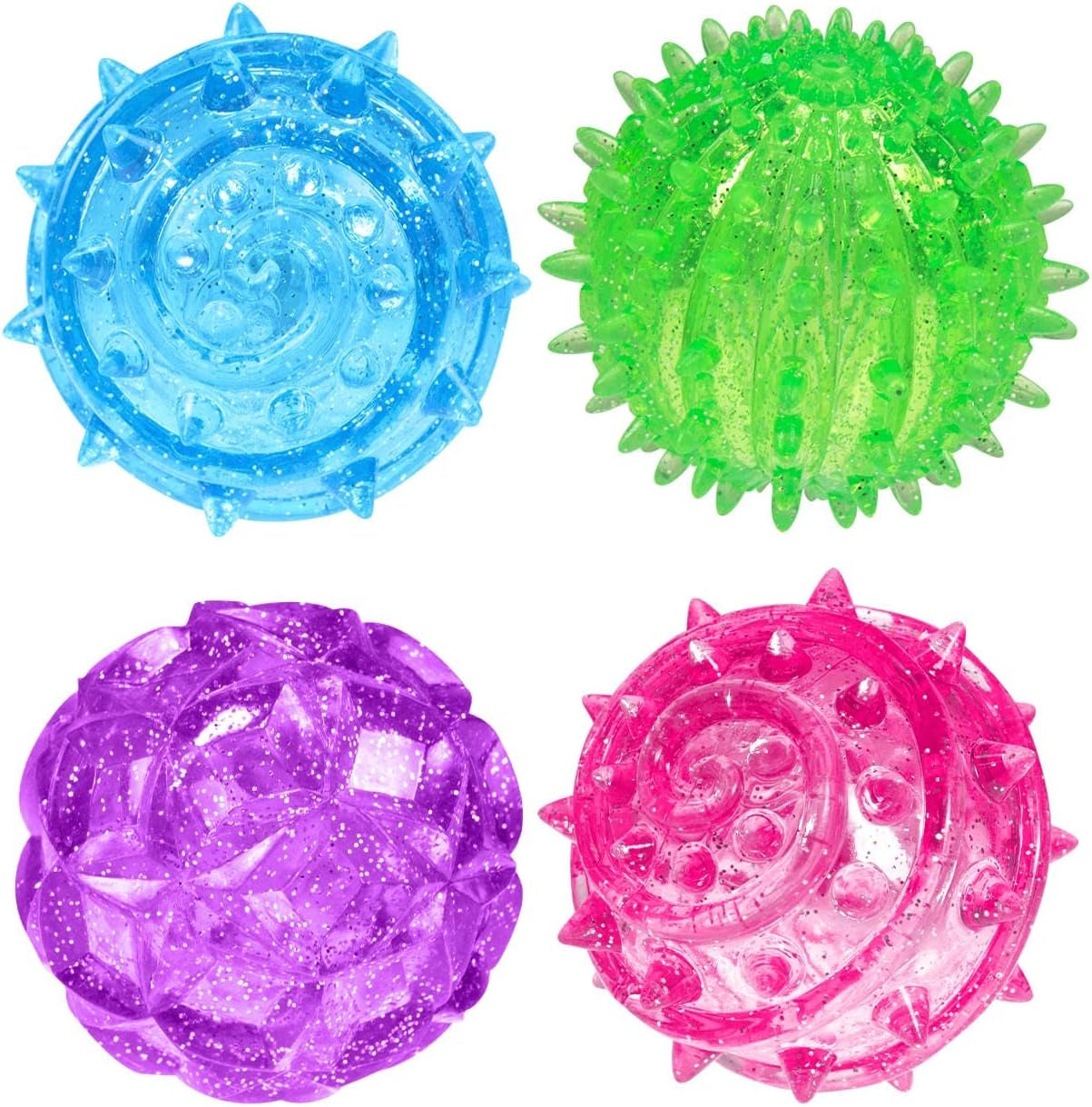 Light up Rubber Spike Balls (Pack of 4 with Flashing Lights) | Great Fidget Toy for Kids | Bulk Bouncing Sensory Balls | plus 1 Bouncy Ball. #695-4P