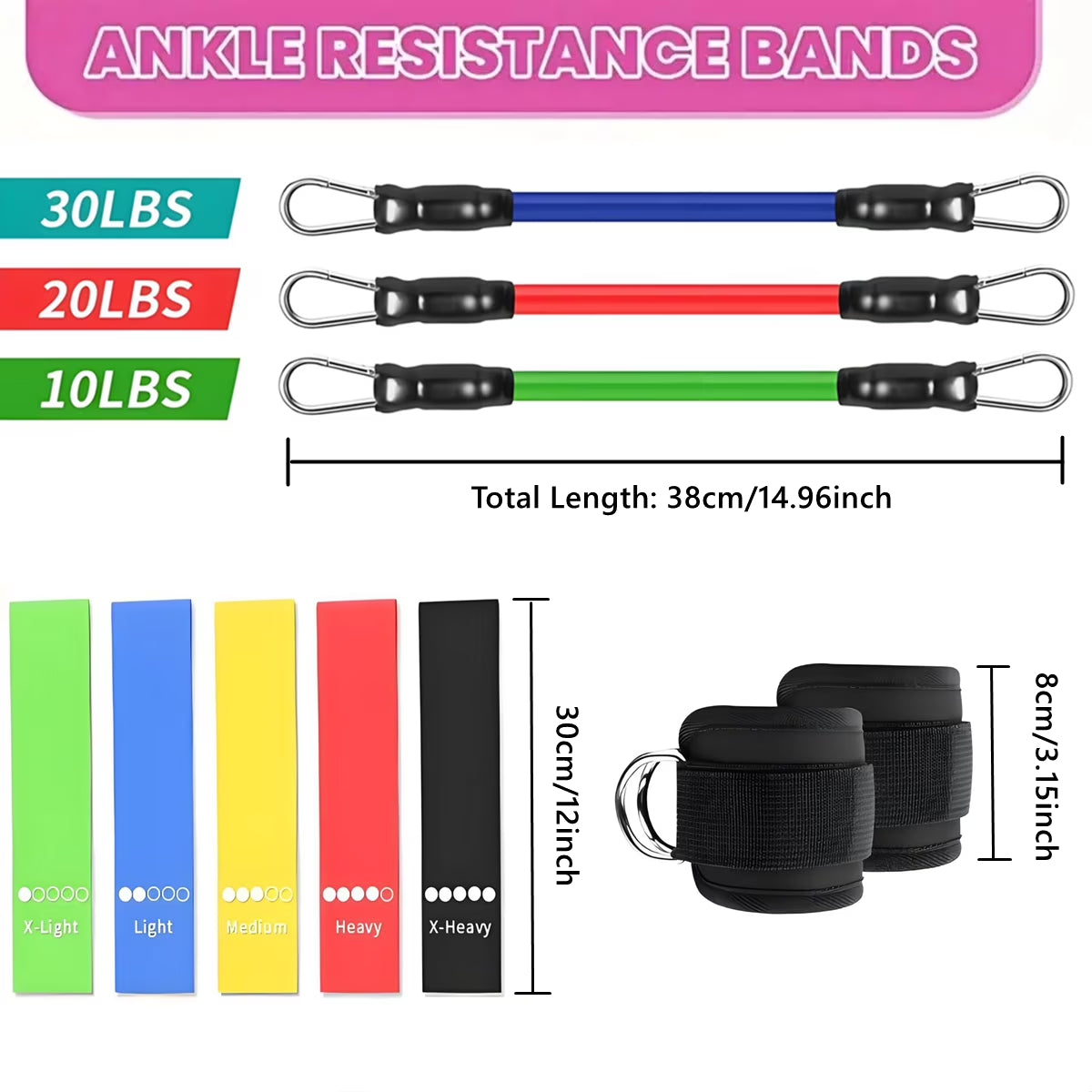 11Pcs Ankle Resistance Bands for Working Out with Cuffs and Elastic Bands Set (10-30Lbs) , Exercise Bands for Legs and Butt, Multicolor