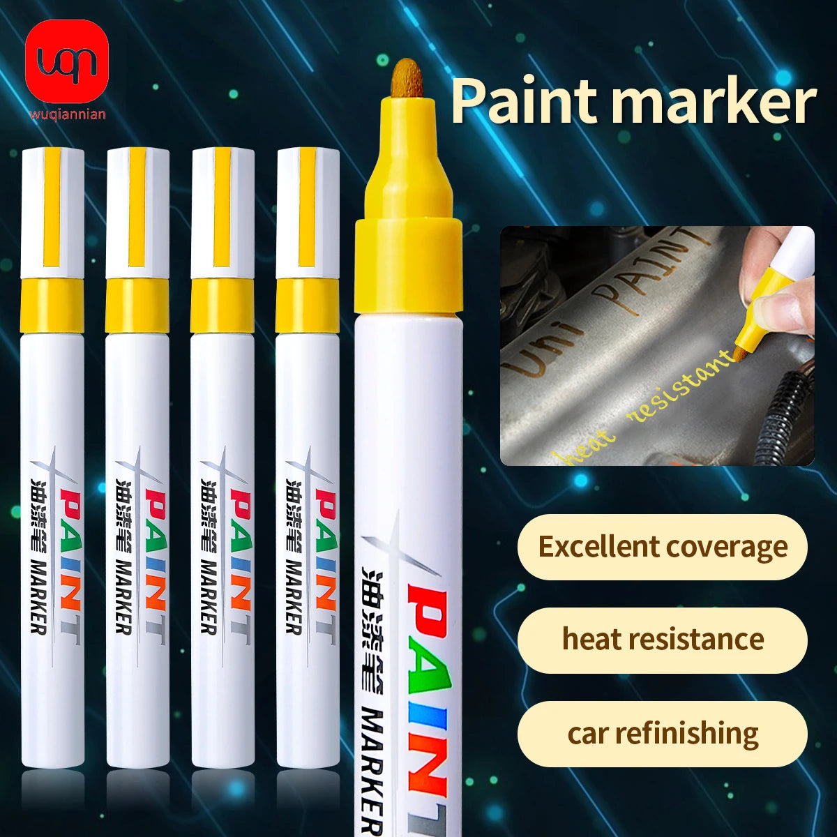 WQN-1/3/6/12 Pack Permanent Car Tire Yellow Paint Pen, Fade-Resistant Graffiti Color Car Tire Marker Supplies